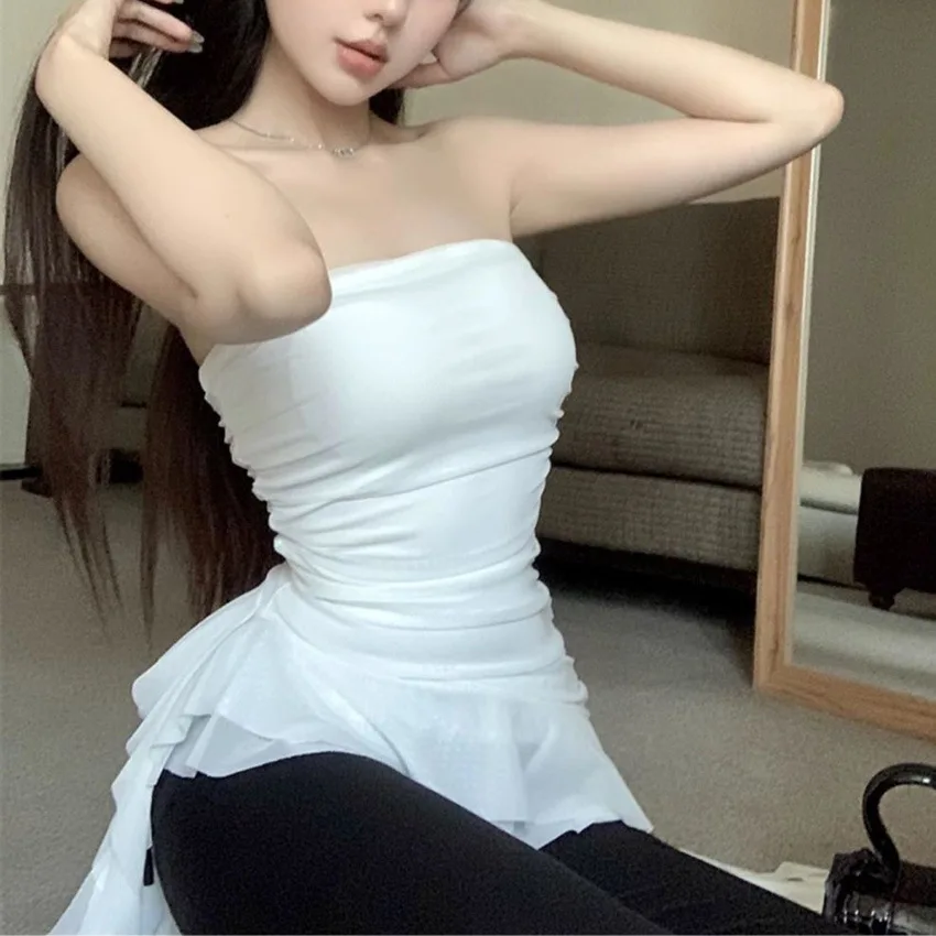 Gilet senza spalline con atmosfera arricciata irregolare per donna Top avvolto in nastro di nicchia