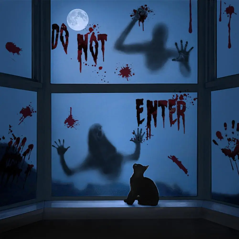 Halloween Ghost Shadow Blood Handprint Sticker, Window Glass Sticker, Traceless Scary Red Blood Print, Decalque da parede