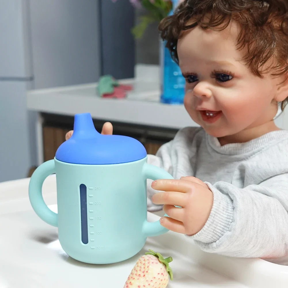 250Ml Silicone Baby Visible Sippy Cup With Two Handle Scale Silicone Baby Cup With Lid Toddler Cup