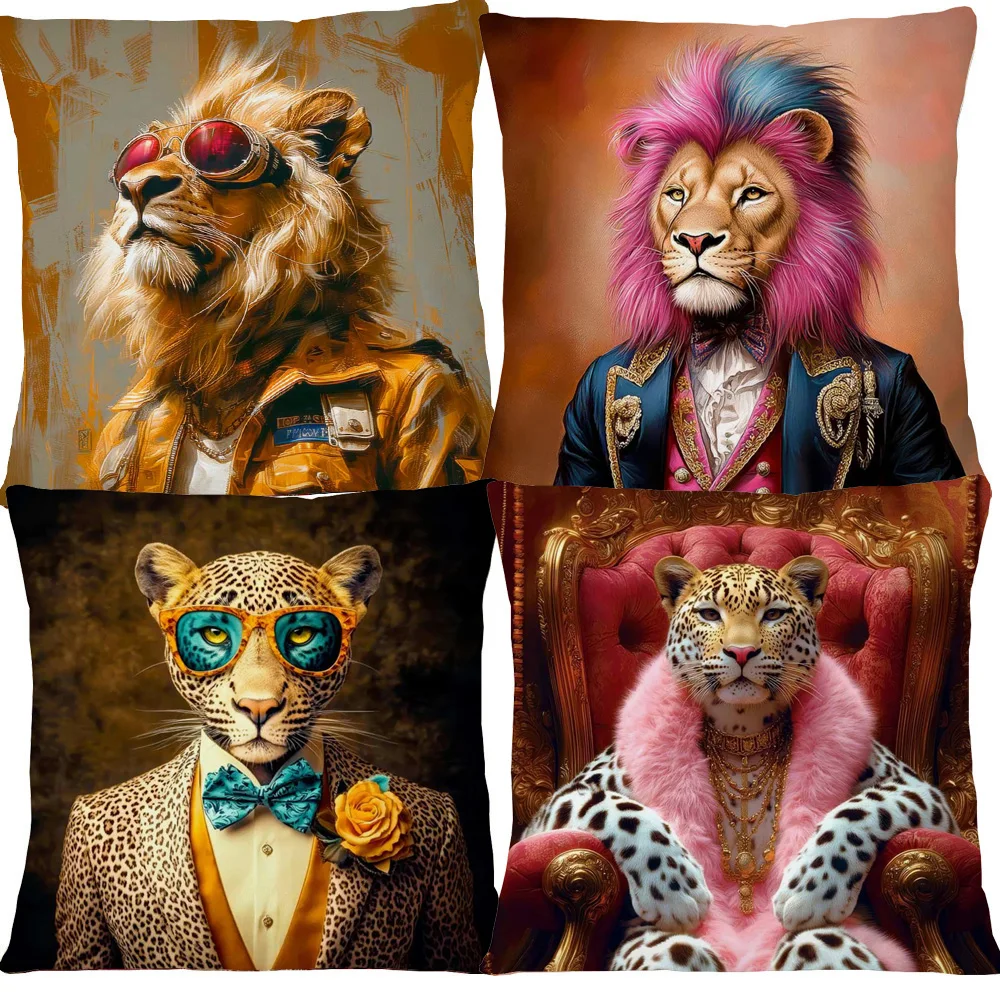 European Royal King Leopard Fashion Lion Giraffe Zebra Animals Cosplay Portrait Cushion Covers Pillowcase For Sofa