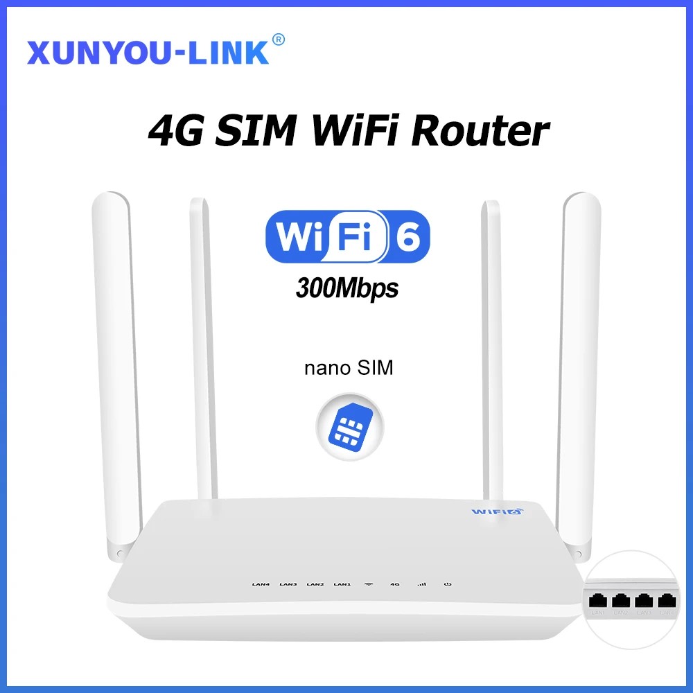 Roteador wi-fi 4g lte com slot para cartão sim, wi-fi 6, modem, 300mbps, usb, carro, wi-fi, quatro antenas, 32 conexões de dispositivos para europa