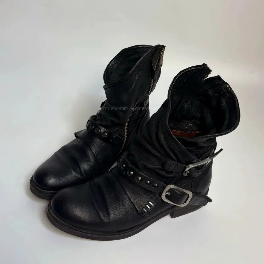 American Vintage Distressed Brown Leather Western Ankle Boots Rivet Buckle Slouched Side Zipper Cowboy Knight Ankle Boots Unisex