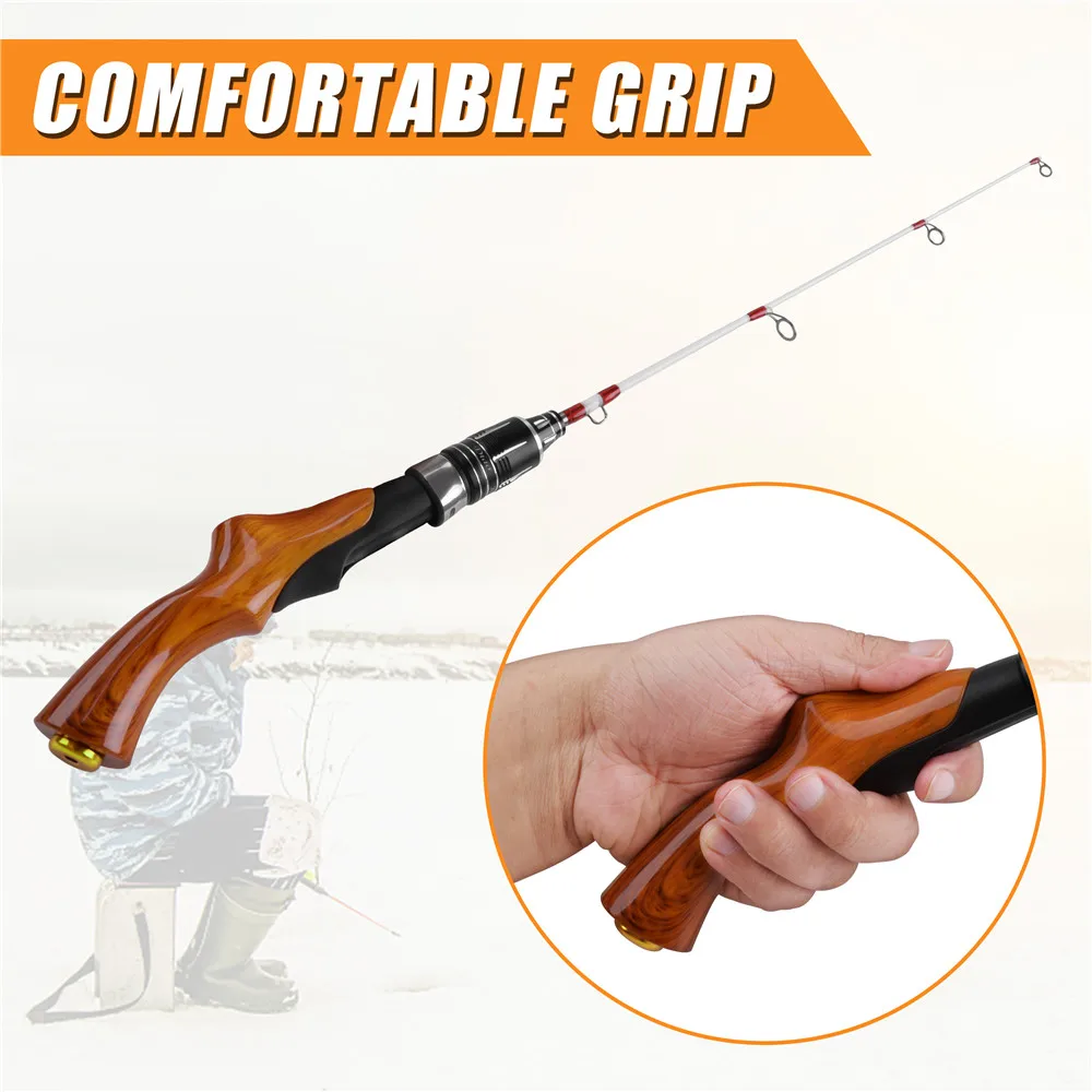 Outdoor Winter Ice Fishing Rod 57CM 2 Sections Wooden Handle Ice Fishing pole for Bass Trout Salmon ice jig bait fishing tackle