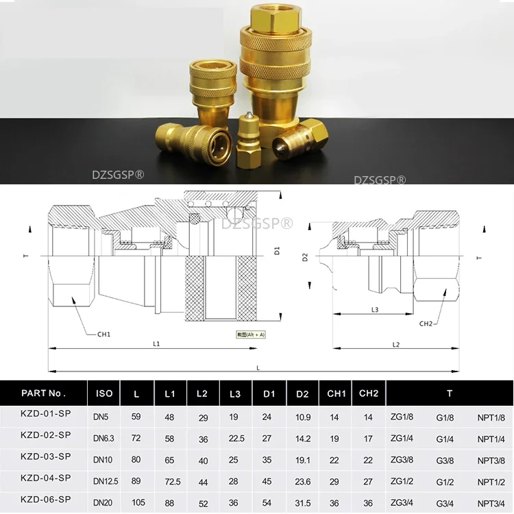 ISO7241KZD enclosed brass material 1/4 3/8 1/2 3/4 1 inch hydraulic quick coupling female thread plug socket connector