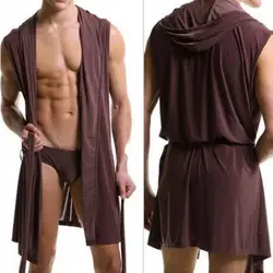 Sexy Pajamas Men Sleepwear Solid Color Pijama Hombre Hooded Sleeveless Thin Bathrobe Men Summer Dress Bath Robe Men Sleepwear