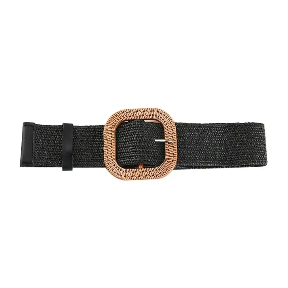 Square Buckle Straw Weave Belt Elastic Waist Belt Jeans Decoration Bohemian Wide Belt Korean Style Waistbands Trouser Decoration