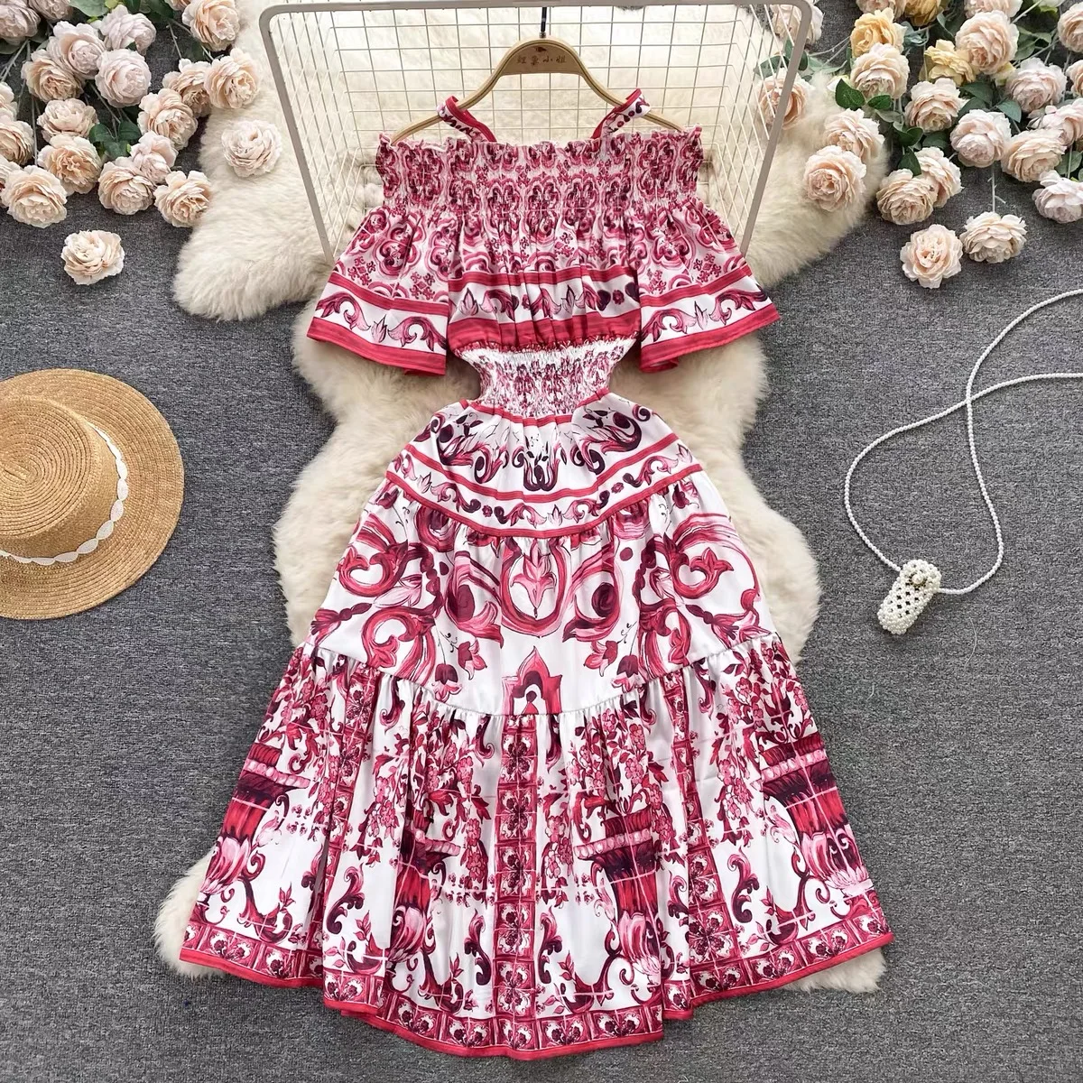 Summer Fashion Runway Midi Dress Women's Cool Shoulder Flare Sleeve Blue and White Porcelain Printing Holiday Beach Vestidos