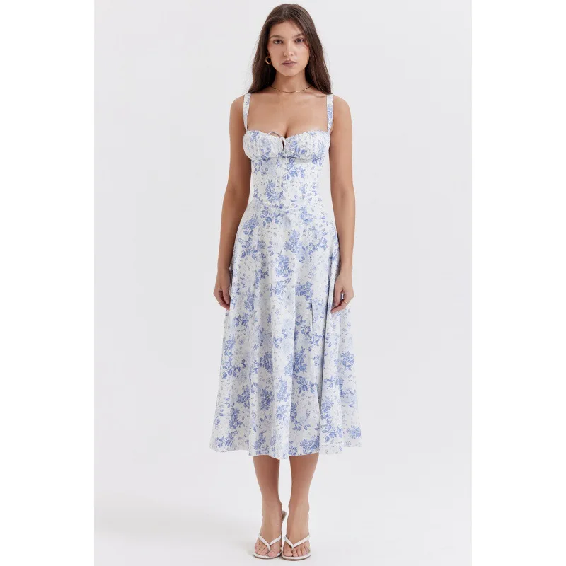 Vestido de verano sin mangas con estampado Floral para mujer, traje elegante ajustado de Color liso, con abertura lateral en la cintura, 2024