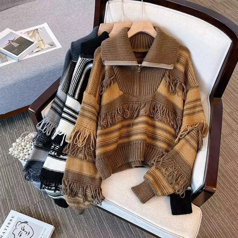 2023Autumn/Winter New Korean Edition Design Sense Fashion Contrast Stripes Contrast Color Tassels Half Zip Pullover Sweater Lady