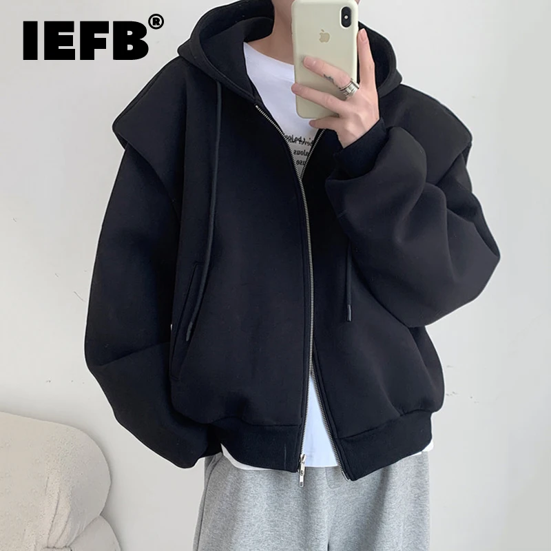 IEFB Autumn New Hoodies Trend Men\'s Korean Style Large Profile Doublelayer Composite Shoulder Pad Sweatshirts Niche Coat 9C1077