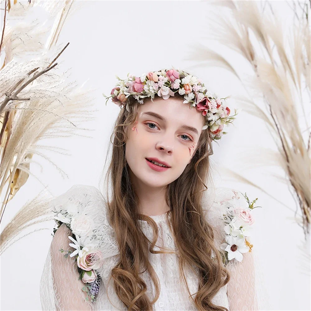 Women's Wreath Flower Headband Boho Wedding Wreath Bride Sweet Simulation Rose Headband Crown for Kids Tiara for Girls Corolla