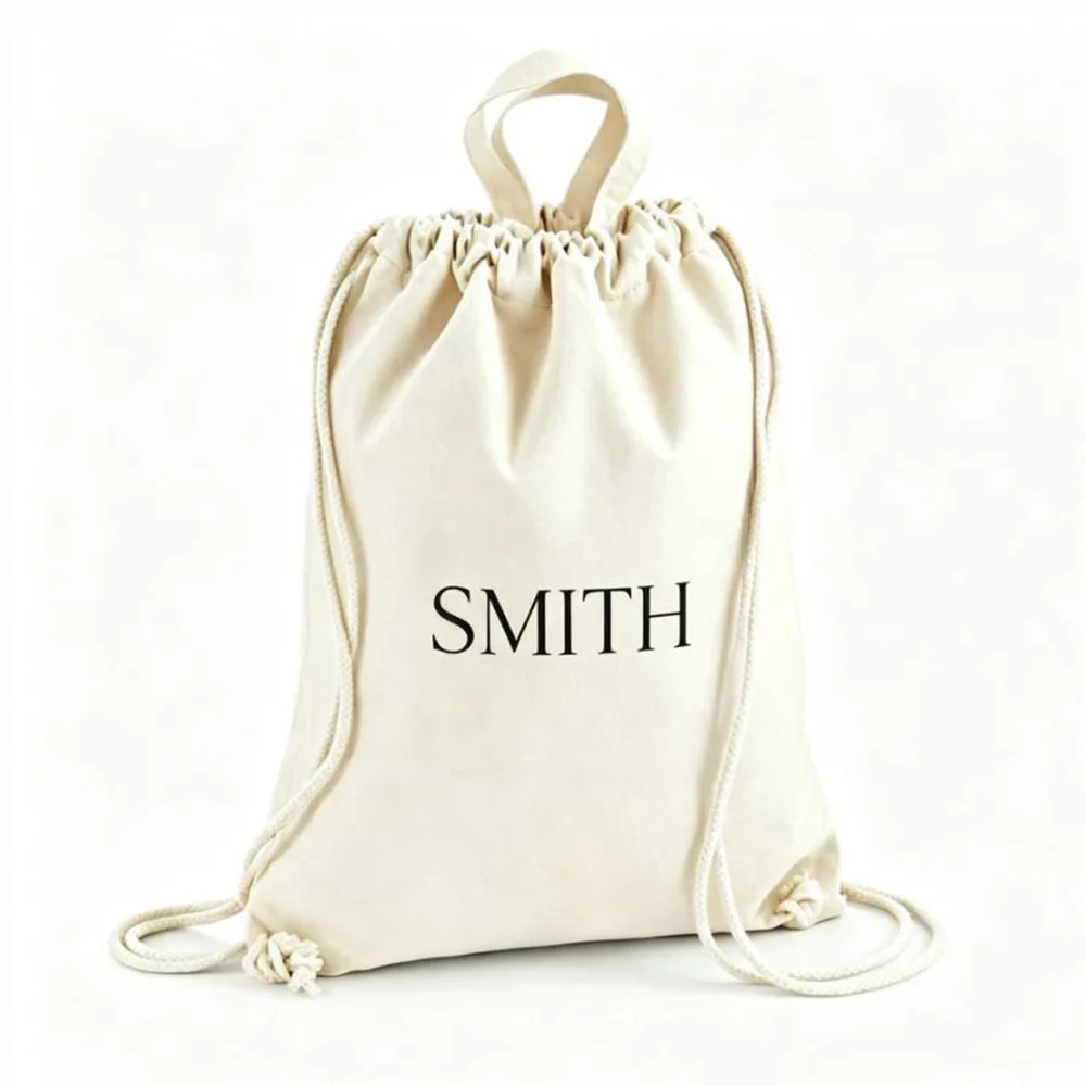 

Custom Drawstring Bag Personalized Last Name Print Cotton Canvas Backpack Family Surname Simple Daily Gift
