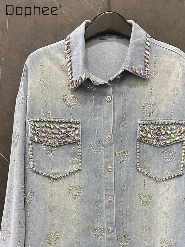 

Autumn Heavy Craft Heart Rhinestone Long Sleeve Denim Shirt Jacket Women Street Personality Trend Loose Casual Mid-Length Top