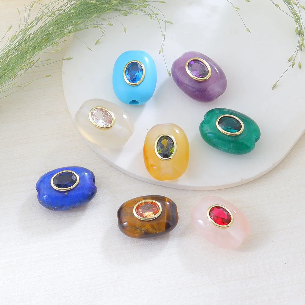1 Multi-Color Gold-Inlaid Natural Gemstone Flat Oval Large Hole Loose Bead with Zircon for DIY Bracelet Necklace Spacer Jewelry Accessories, Multi-Material Pink Quartz, Amethyst, Tiger's Eye, Lapis Lazuli, Topaz, Amazonite, Green Jade, Blue Pattern Stone DIY Handmade Beading Accessories