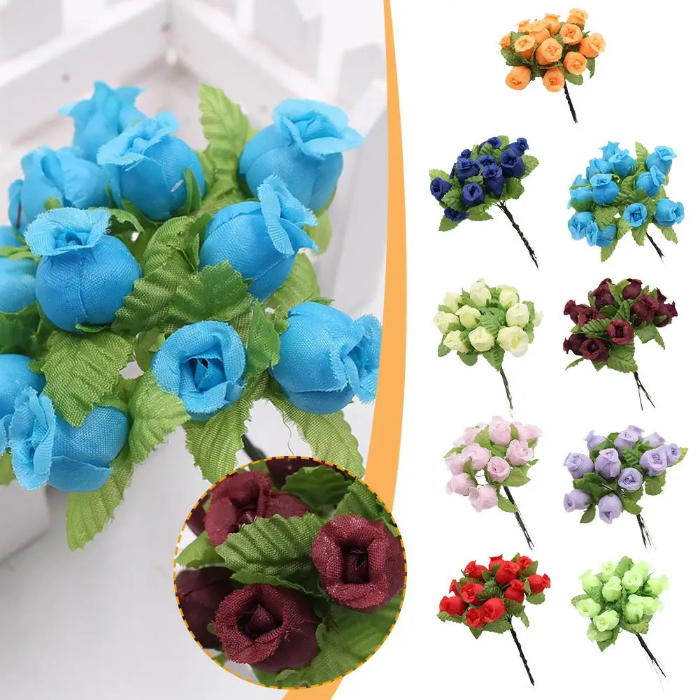 12heads/Bundle Artificial Flowers Silk Rose Mini Bouquet for Christmas Home Wedding New Year DIY Gift Box Decoration Small N0L8