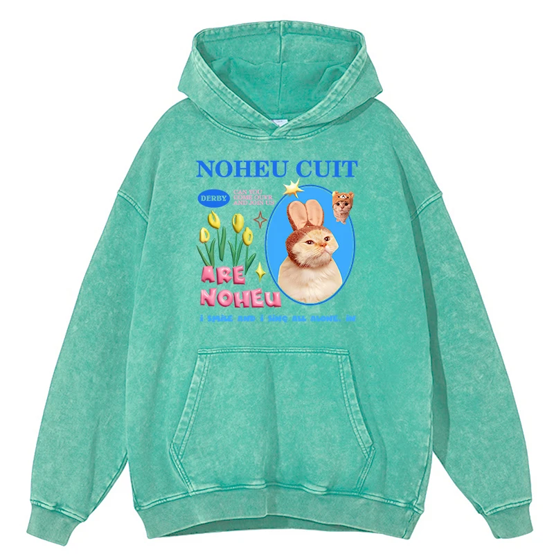 

Retro Distressed Wash Noheu Cuit Are Noheu Funny Cat Sweatshirt Men Hoodie Autumn 100% Cotton Sportswear Hip Hop Loose Hoody