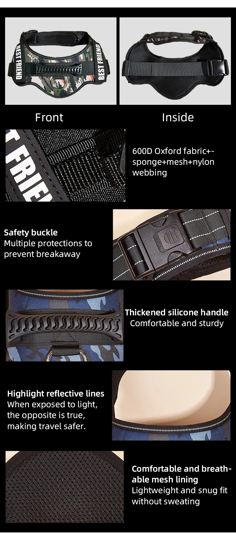 Hundegeschirr, anpassbar, personalisierte Aufnäher, Hundeweste, einfacher Kontrollgriff, verstellbare Rückseite, kleines, mittelgroßes und großes Hundehalsband – Detail 6
