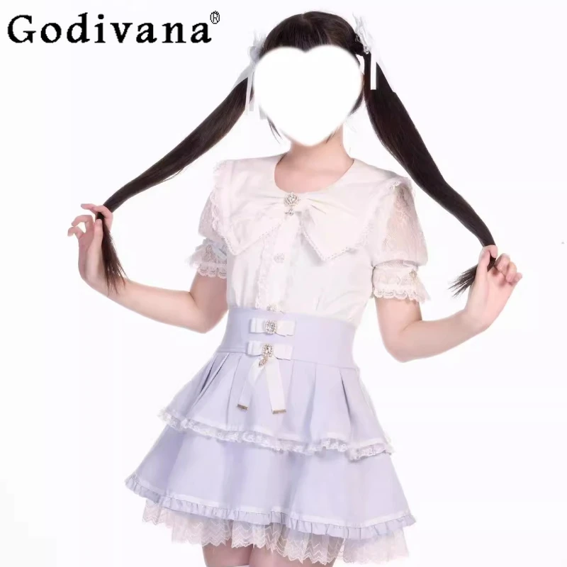 

Original Japanese Mine Subculture Bow Collar Shirt Summer New Girls Women's Sweet Cute Lace Lolita Style Tops Blouses Mini Skirt