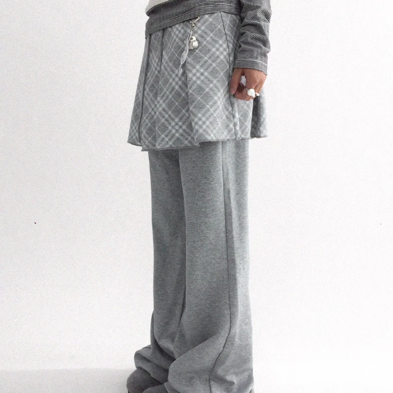 Autumn Winter New Knitted Stretch Fake Two-Piece Pleated Plaid Women's Skirt Pants Loose Elastic Waist Versatile Trousers Ladies