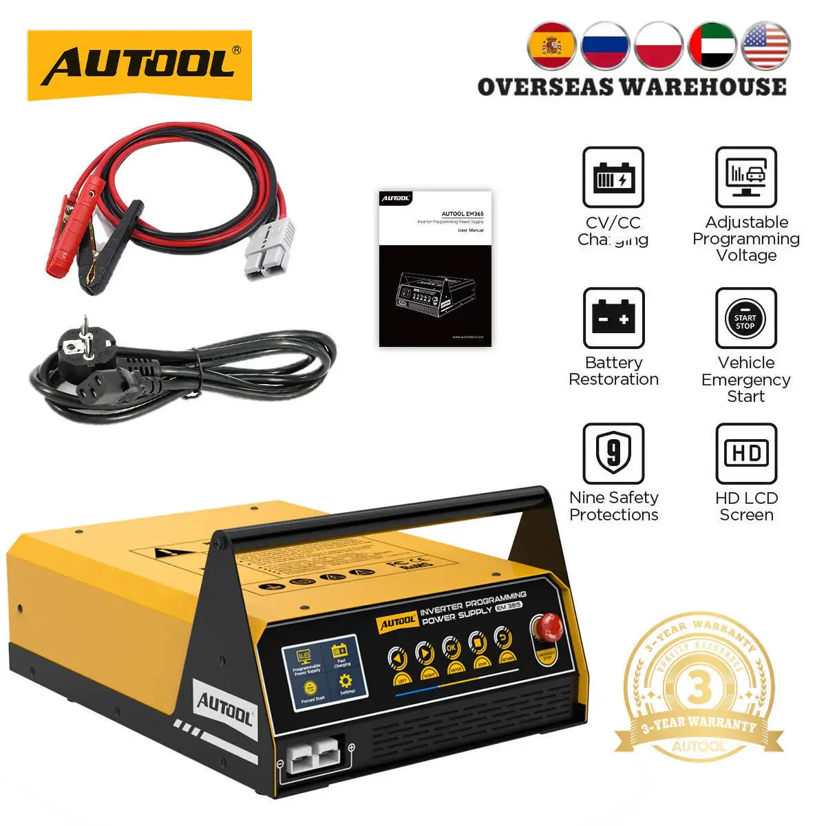 AUTOOL EM365 400A 110V 12V Automotive Programming Power Supply Smart Car Battery Charger Voltage Stabilizer Prevent Voltage Drop For ECU Coding Flash Programming Garage Service Tool