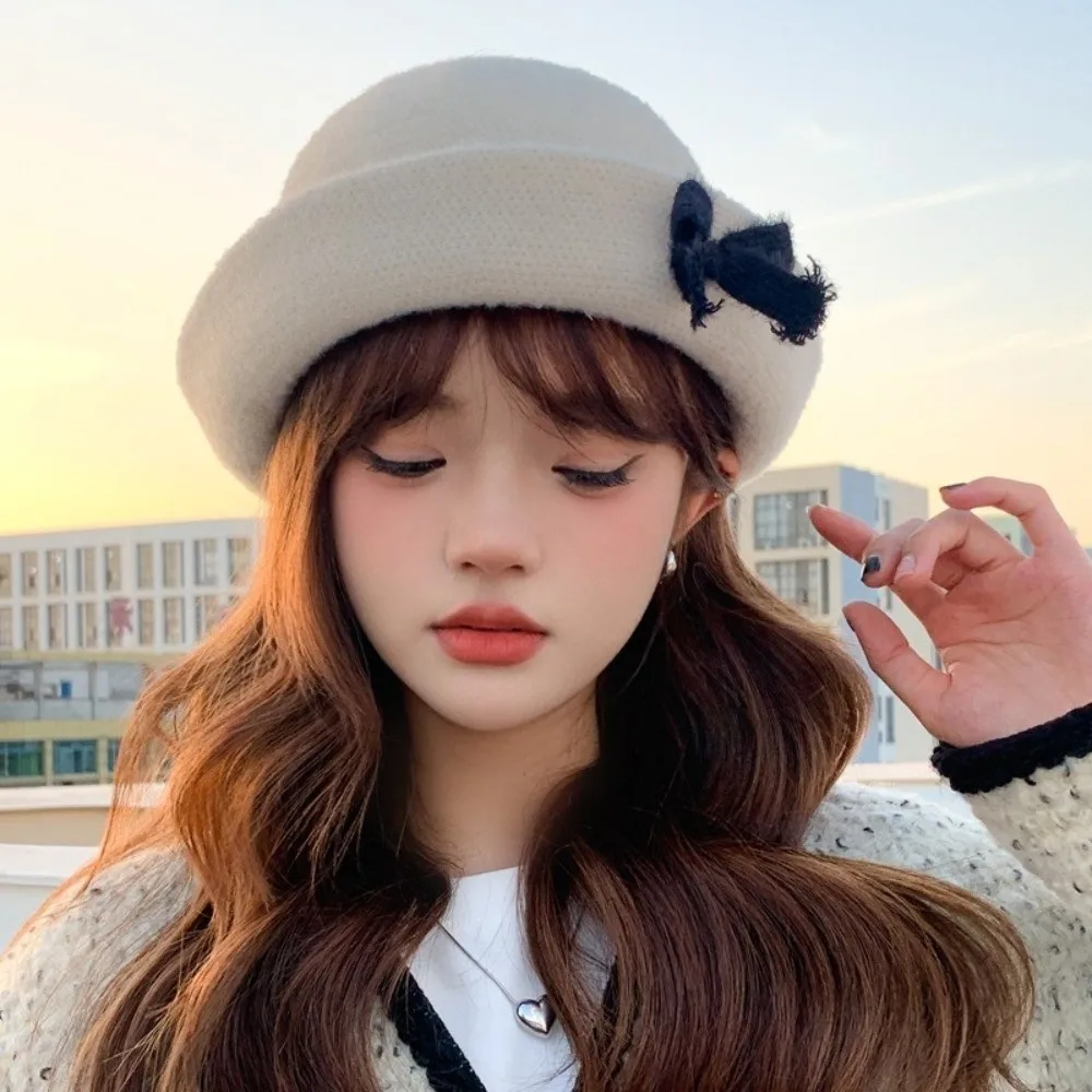 

Fashion Solid Color Bow Bucket Cap Knit Korean Style Woolen Fishing Cap Y2k Roll Brims Women Bucket Hat Streetwear