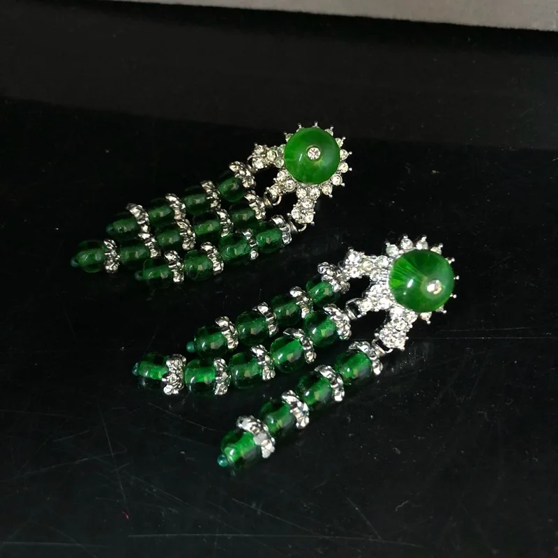 New Chinese Style Green Colored Glaze Diamond Tassel Earrings Advanced Design All-Match Earrings Retro Stylevintage