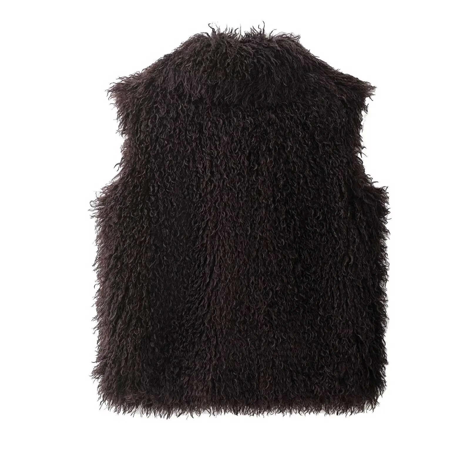 Women's Fashionable Versatile Faux Fur Effect Vest Dark Brown Curly Fur Sleeveless Vest With Stand Collar For Women Elegant ERCY