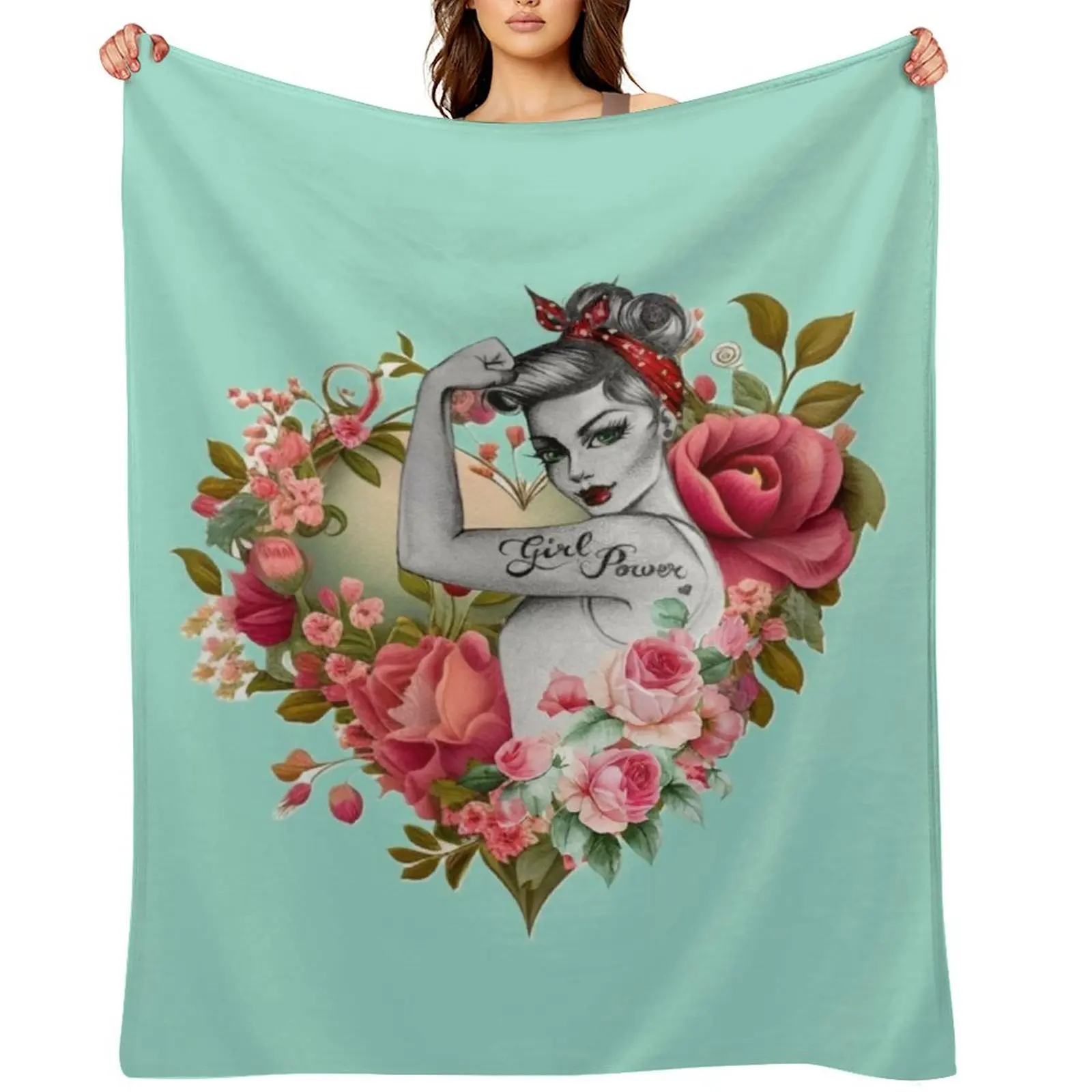 

Girl Power by Anne Cha Modern Rosie the Riveter Throw Blanket Retros Designers Loose Luxury Designer Blankets