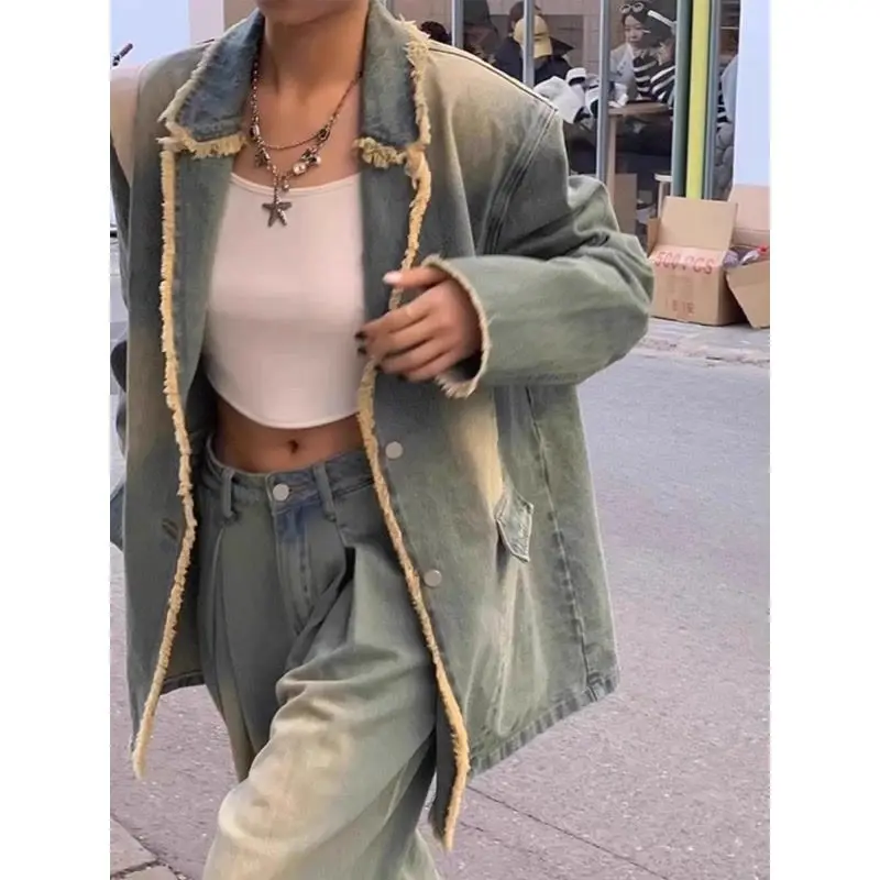 American Retro Rough Edge Suit Collar Denim Jacket Women's Loose Lazy Style Niche Casual Top