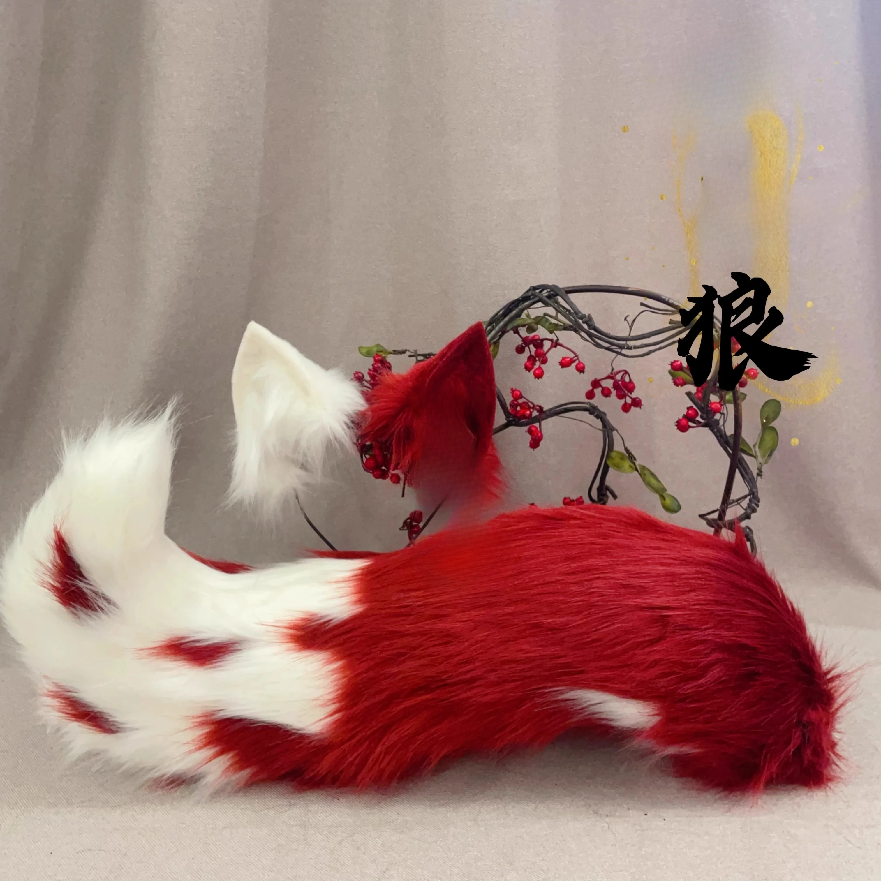 

New Hand Made Work Halloween Crimson Wolf Ears Hairhoop Tail Set Anime DIY Costume Accessories Custom Made Headwear