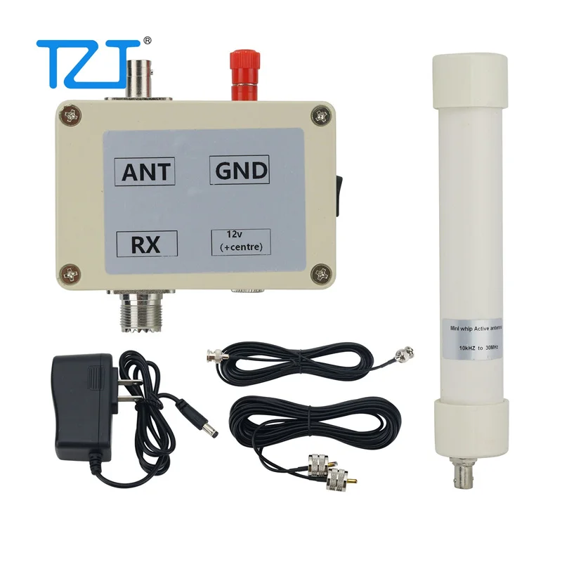 TZT Mini Whip 10KHz-30MHz Active Shortwave Receiving Antenna BNC Connector with 12V/1A Power Adapter