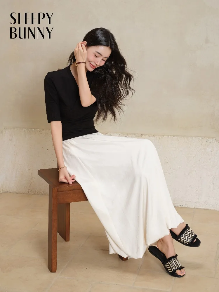 

Elegant Elastic Waist Skirt Women Flowy A-line Midi Skirt Summer Slimming Casual High Waist Skirt for Women Petite Fashion Style