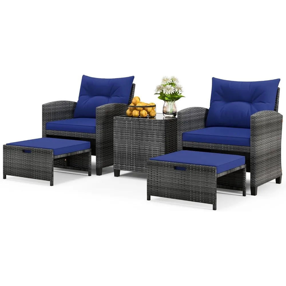 

Outdoor Patio Furniture Set: 5-Piece Wicker Conversation with Ottoman, Cushioned Seats, and Glass Top Coffee Table