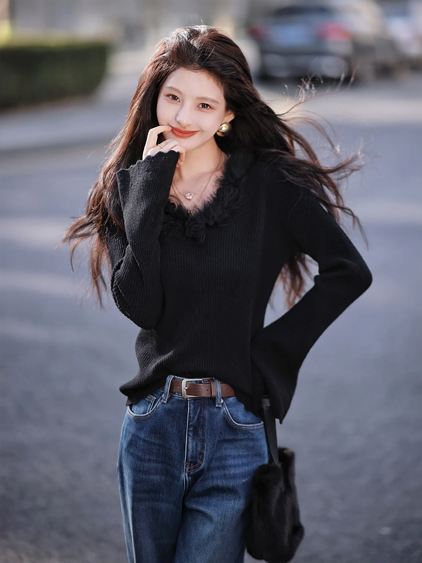 

Handmade Tea Flower 00 Wool Sweater Base irt 3D Crochet Design Slimming Neline Long Sve Knitted Top for Women