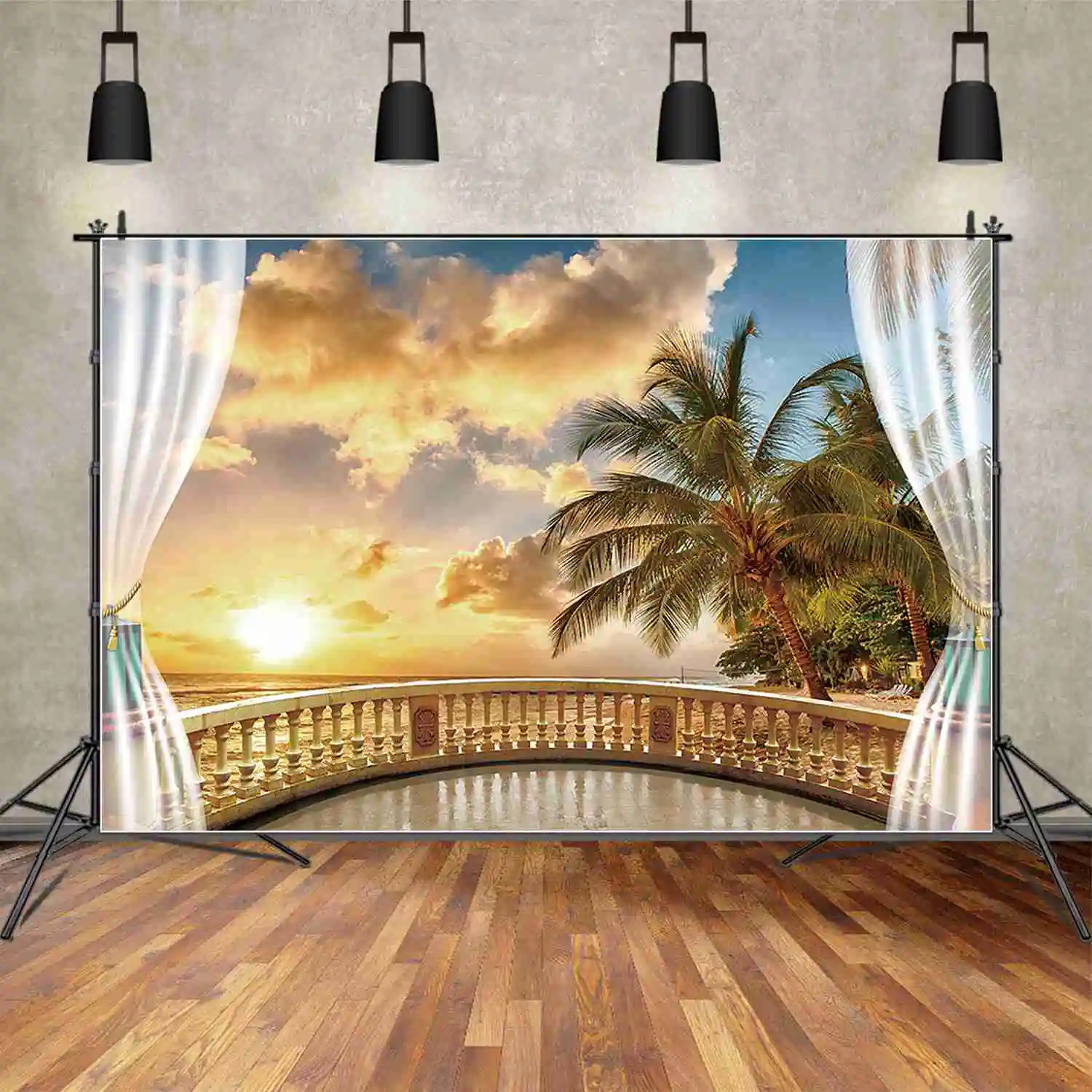 

MOON.QG Sunset Beach Palm Tree Leaves Holiday Backdrop Men Sands Wave White Curtain Backgrounds Customized Party Photocall Props