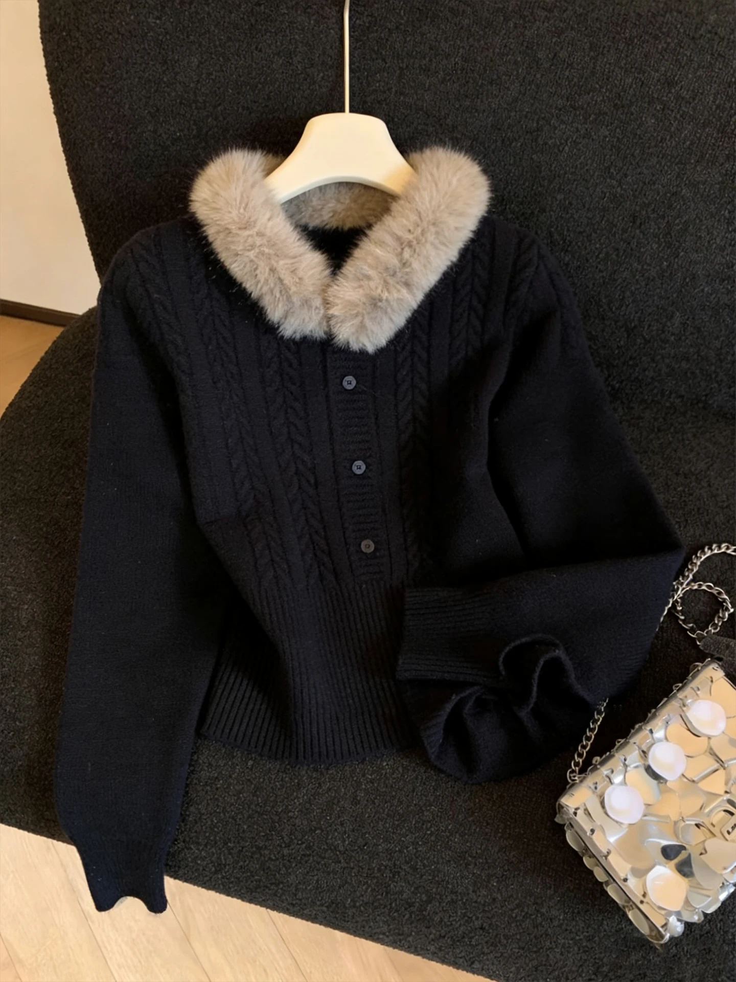 

Винтажный женский трикотажный топ с круглым вырезом и воротником из искусственного меха, весна-осень, приталенный, повседневный стиль