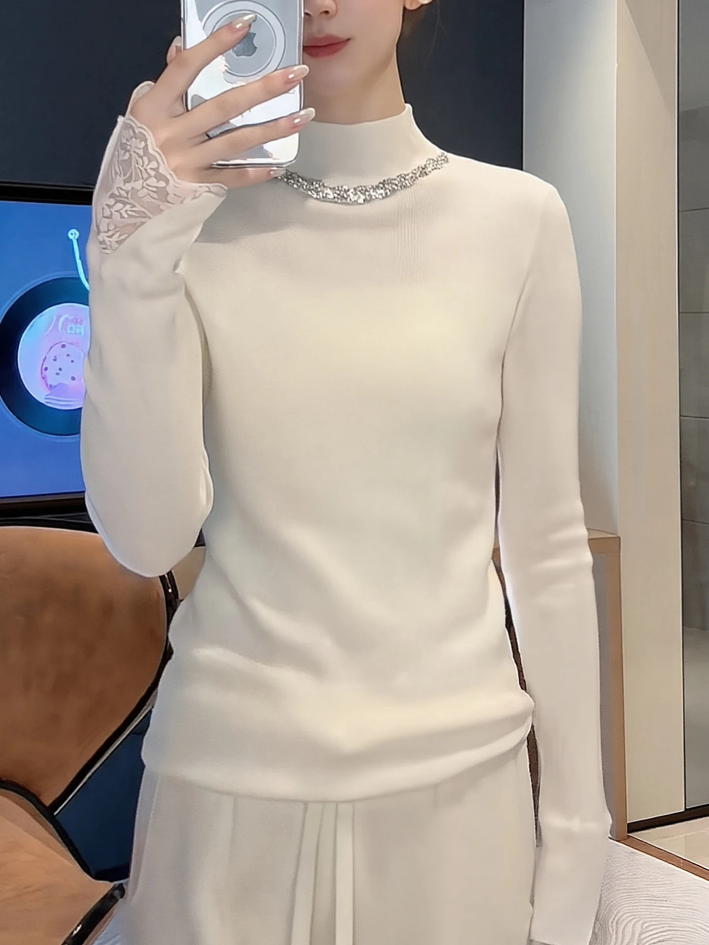 Lace Splice f High Collar Knitted Sweater Long Sve Faionable Winter Inner Wear Top Ele Women's Korean Sle Strai...