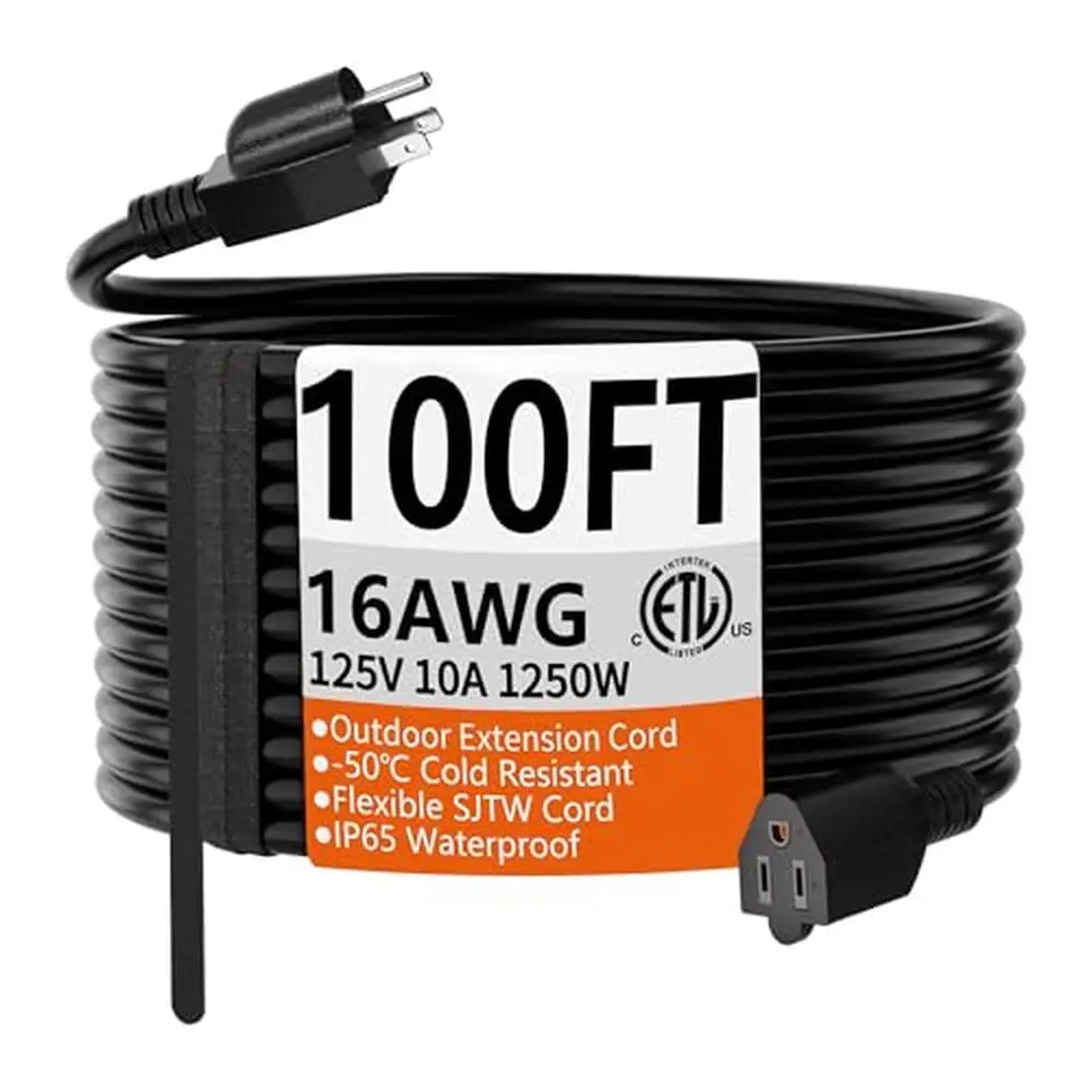 100 FT 16 Gauge Black Waterproof Extension Cord Outdoor Indoor Electric 3 Prong Flexible Cold Weather 125V 10A ETL Listed