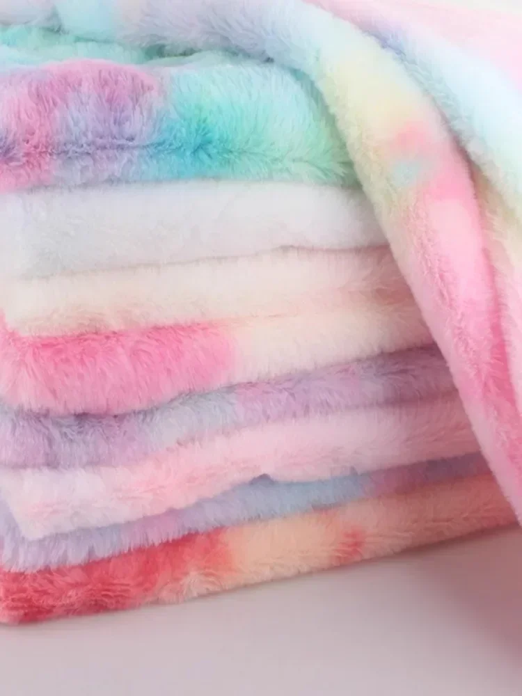 Tie Dye Faux Rabbit Plush Fur Fabric Per Meter for Toys Clothes Hats Scarf Dolls Diy Sewing Gradient Smooth Soft Rainbow Cloth