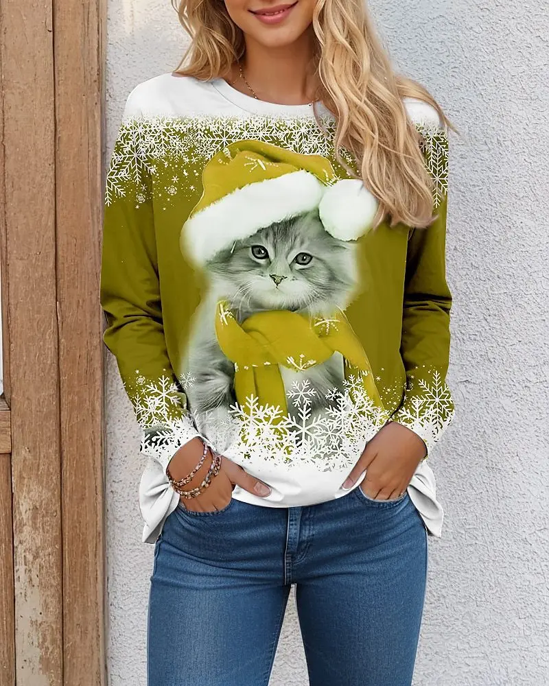 2024 Christmas Cat Christmas Hat European and American Long Sleeve T-shirt 3D Christmas Series Printed Women's T-shirt Hoodie