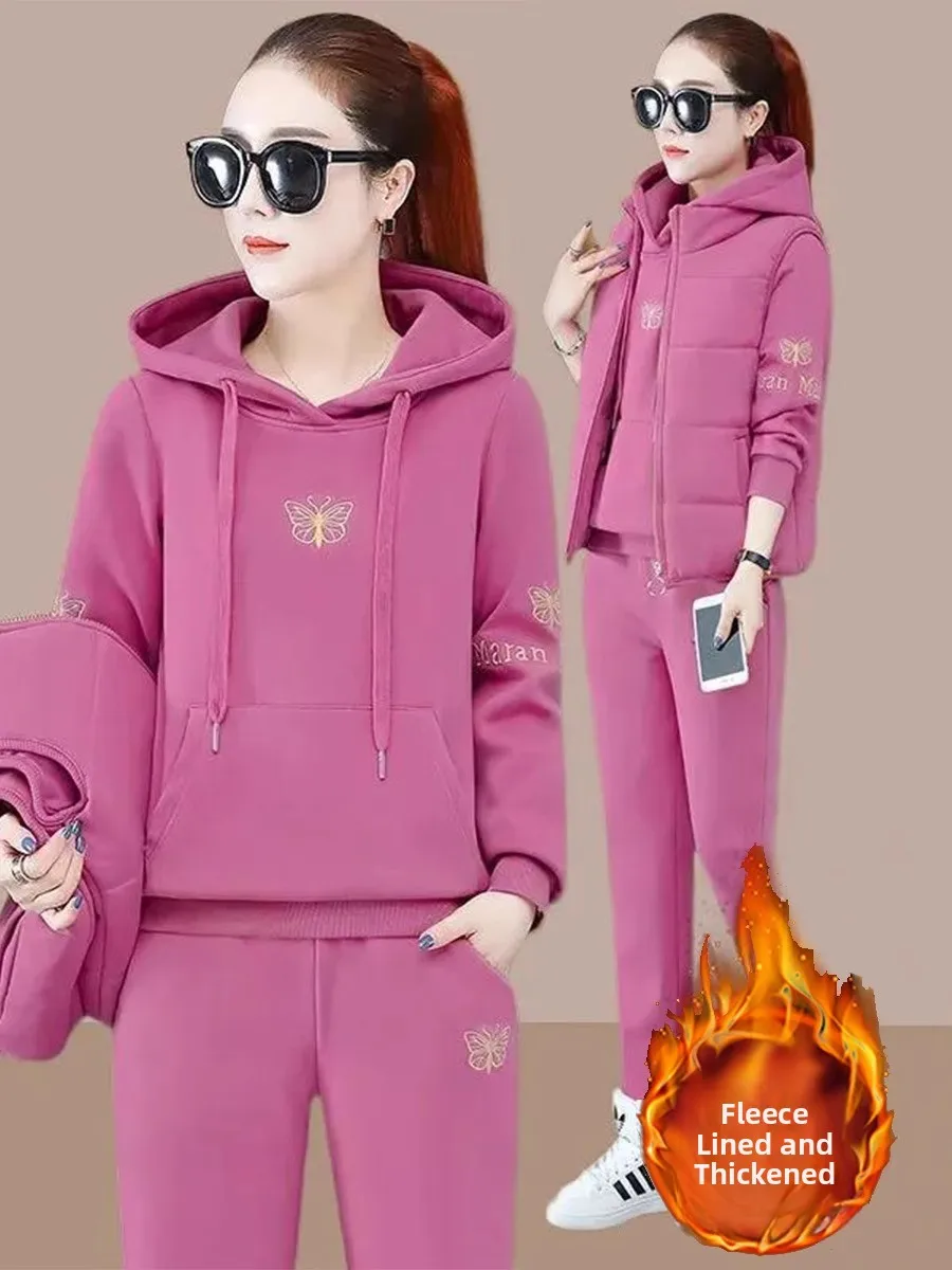 Thickened Fleece Autumn Winter Sportswear Set for Women Three-piece Anti-cold Outerwear Long Sleeve Casual Suit Polyester Fiber