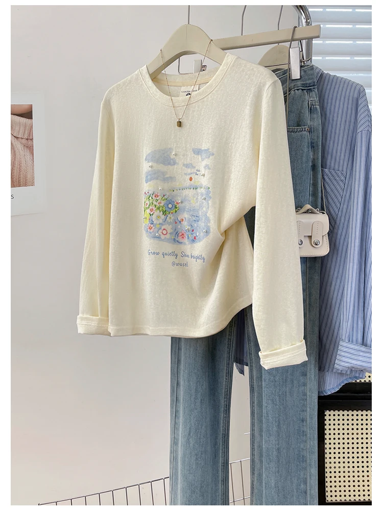 Cartoon Star Print Long Sleeve Women's T-shirt Thin Breathable Loose Fit Autumn Fashionable Versatile Shoulder Level Top