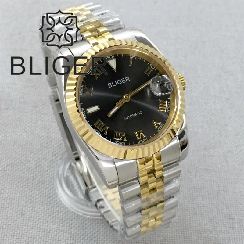 BLIGER 36mm/39mm Watch For Men NH35 Mingzhu Miyota PT5000 Movement Fluted Bezel Sapphier Glass Gray Dial Two-tone Gold Jubilee