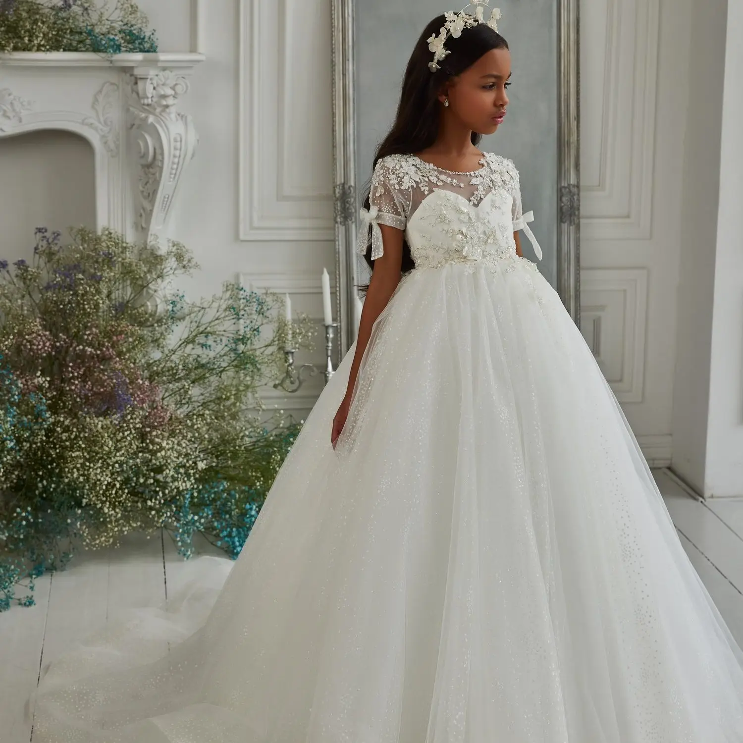 Flower Girl Birthday Dresses Ball Gown Sheer Neck Long Sleeve With Lace Applique Kids Girls Pageant Dresses