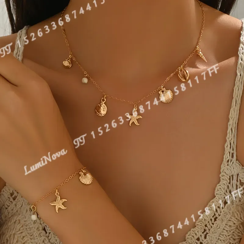 Women's Two Piece Jewelry Set Metal Starfish Conch Fan Pendant Thin Chain Choker Necklace Bracelet Summer Beach Marine