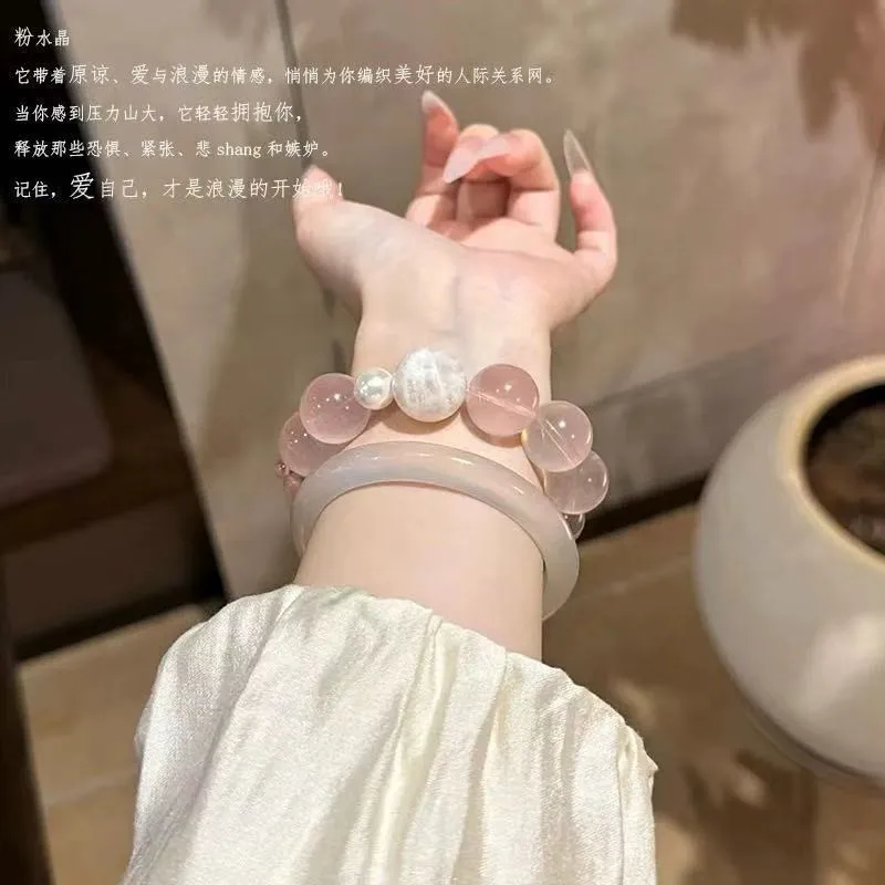 Beaded Bracelet with Sliding Bead Rose Quartz Snowflake Phantom Crystal and Strawberry Quartz 13mm Beads for Women Daily Wear