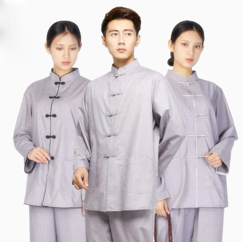

Buddhist Monk Nun Clothing Zen Men Women Meditation Cotton Chinese Buckles Tang Suits Standing Collar Wrapped Edge Coat + Pants