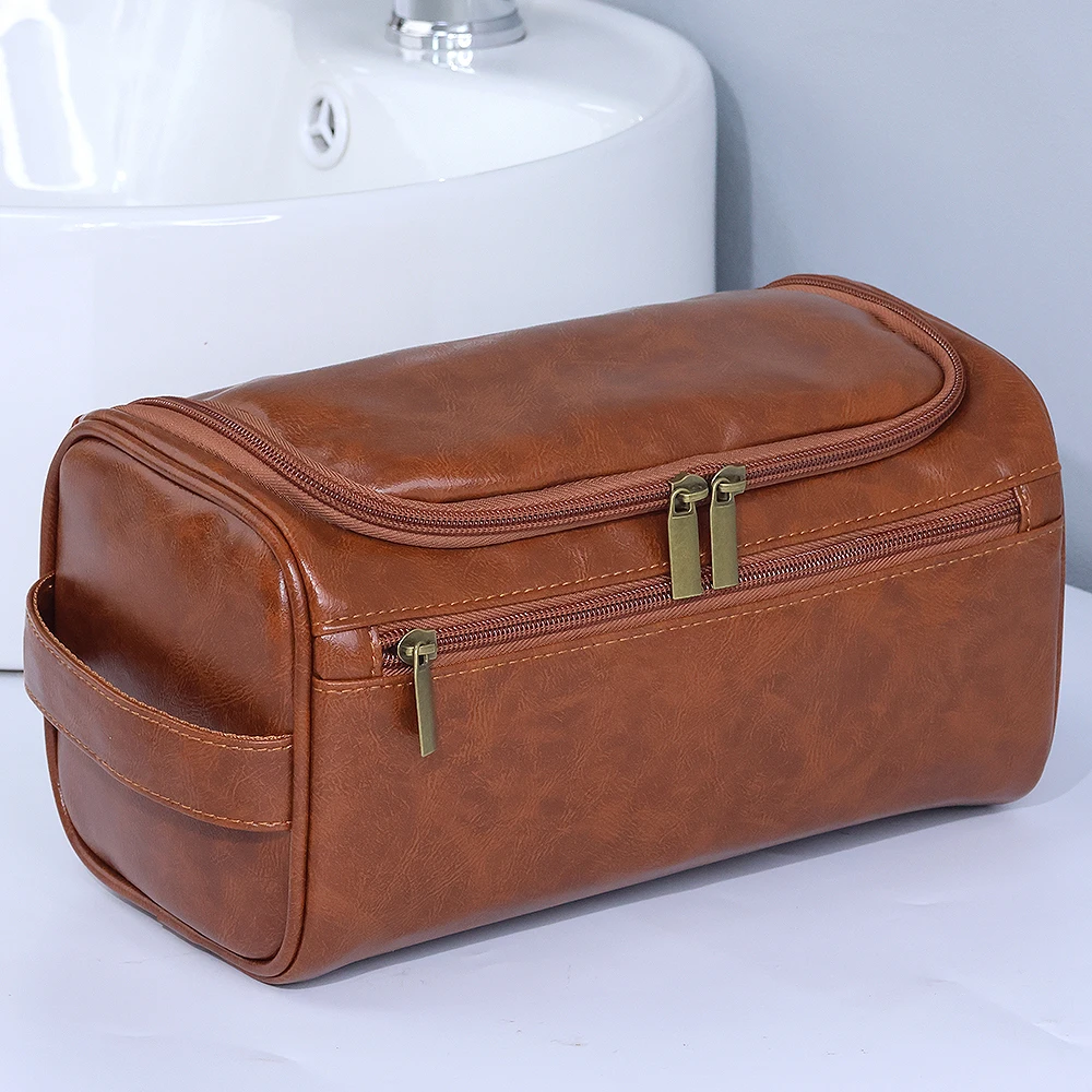 Herren PU Vintage Luxus Toilettentasche Reise-Essentials Business Kosmetik-Make-up-Etui Hängende Aufbewahrungsorganizer Waschtaschen – Detail 7