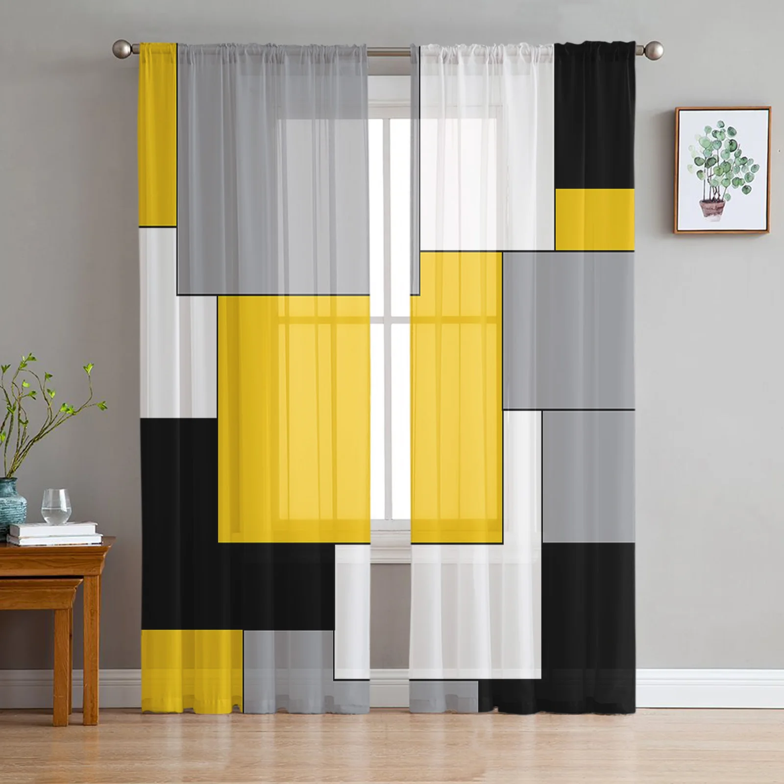 Yellow Grey Black Patchwork Abstract Art Medieval Style Tulle Curtains Living Room Kitchen Window Decoration Voile Sheer Curtain