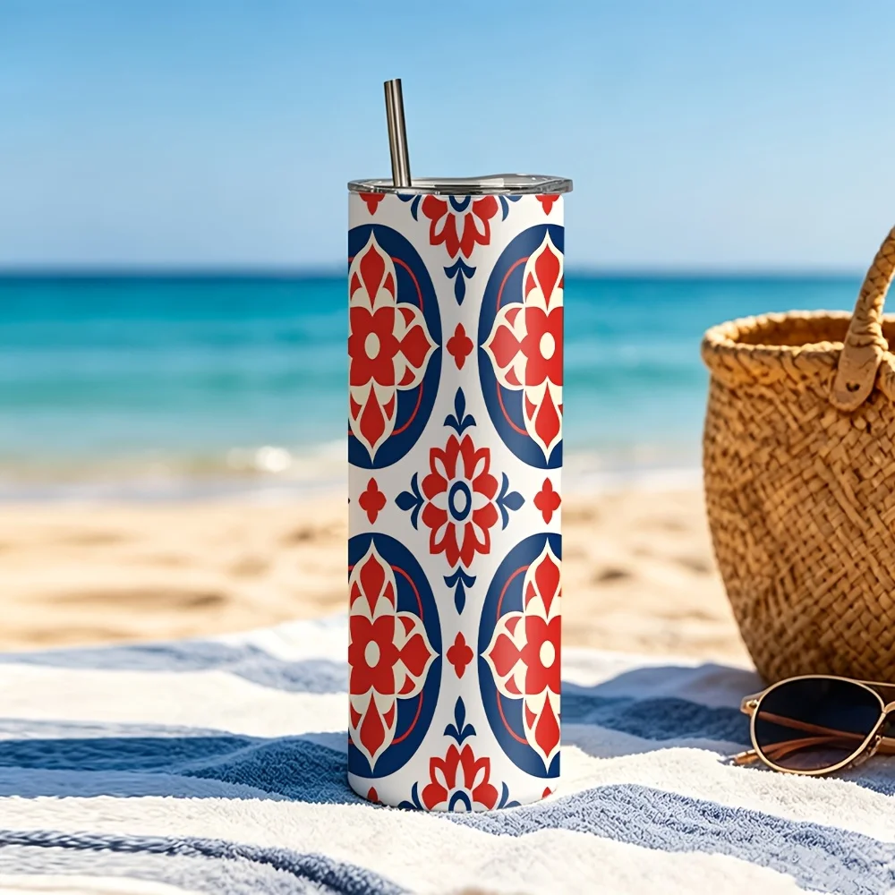1pc/20oz/590ml/Double Wall Stainless Steel Insulated Skinny Tumbler with Straw And Lid,Outdoor Travel Coffee Mug,Festive Gift,Retro Symmetric Floral And Geometric Ornamental Pattern,Warm Gifts for Family And Friends,Summer Party Gifts